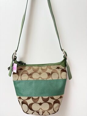Coach Green Signature Canvas Shoulder Bag with Leather Trim